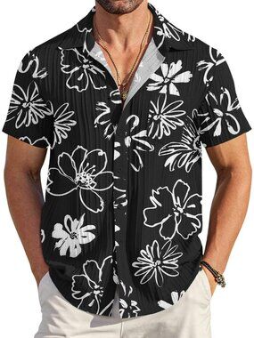 Men's Black Short Sleeve Textured Summer Collared Casual Button Down Shirts